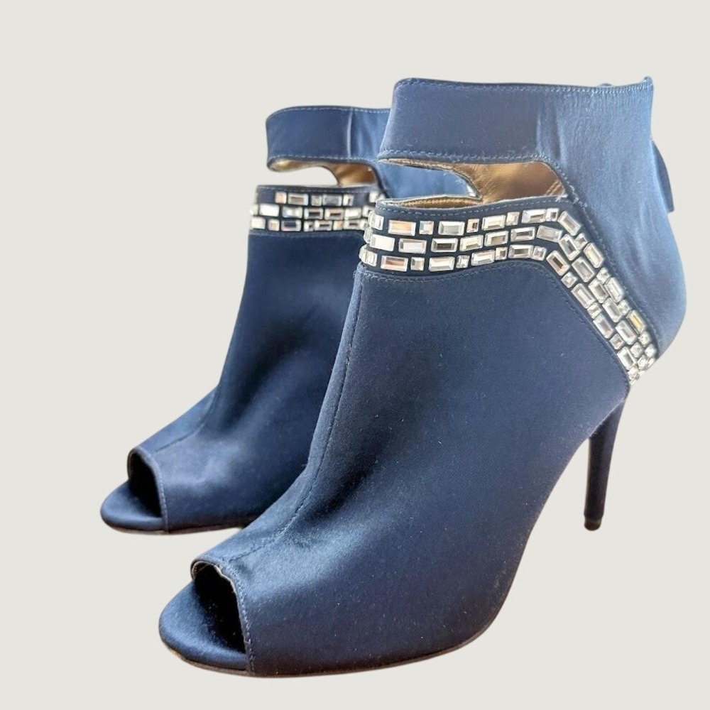 Nine West Navy Blue Satin Crystal Embellished Peep Toe Booties Heels Size 7M